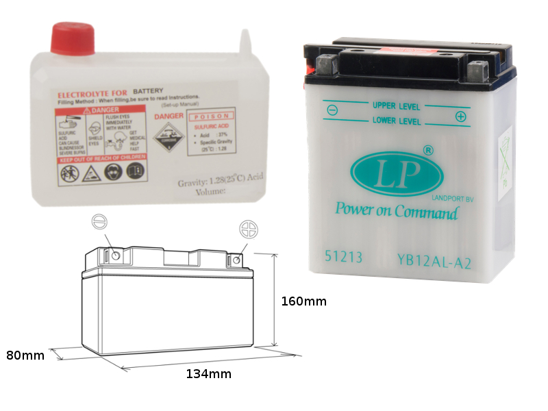 LANDPORT akumulátor YB12AL-A2 (MD LB12AL-A2) 12V 12AH 135X81X161 (GB12ALA) obsluhovaný - elektrolyt zvlášť (4) UE2019/1148 (LANDPORT akumulátor)